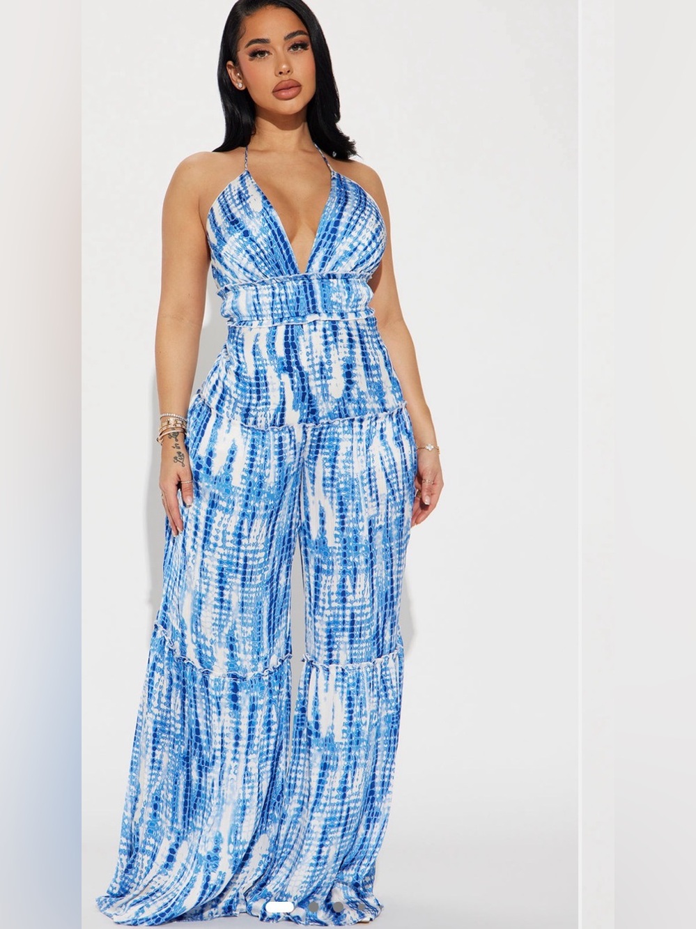Fashion Nova XL Blue White Wide Leg Halter Jumpsuit Backless Boho Vacation